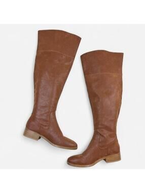 MIA Cognac Leather Tall Pull On Block Heel Boots in Brown